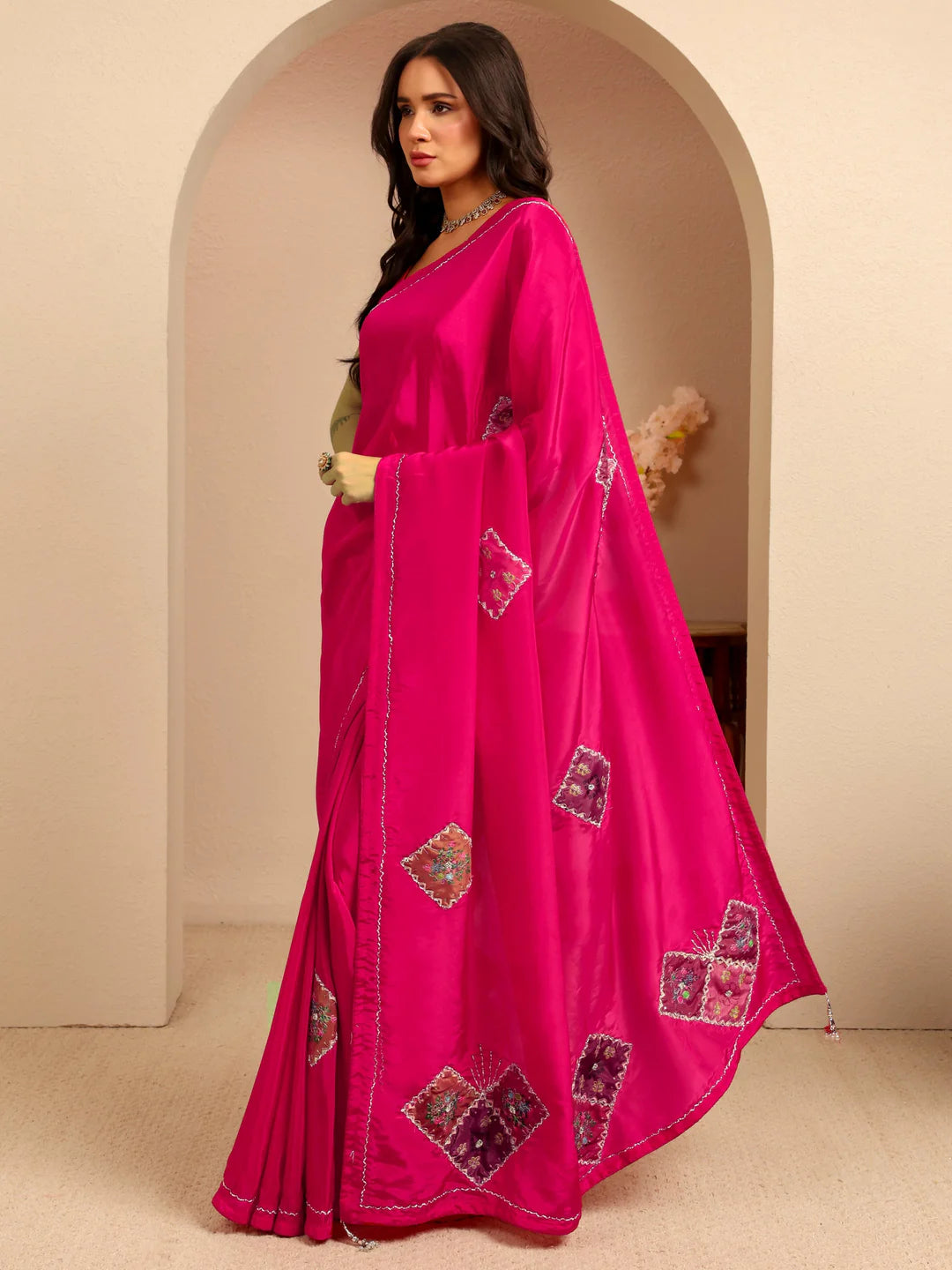 Rani Pink Applique Embellished Satin Saree