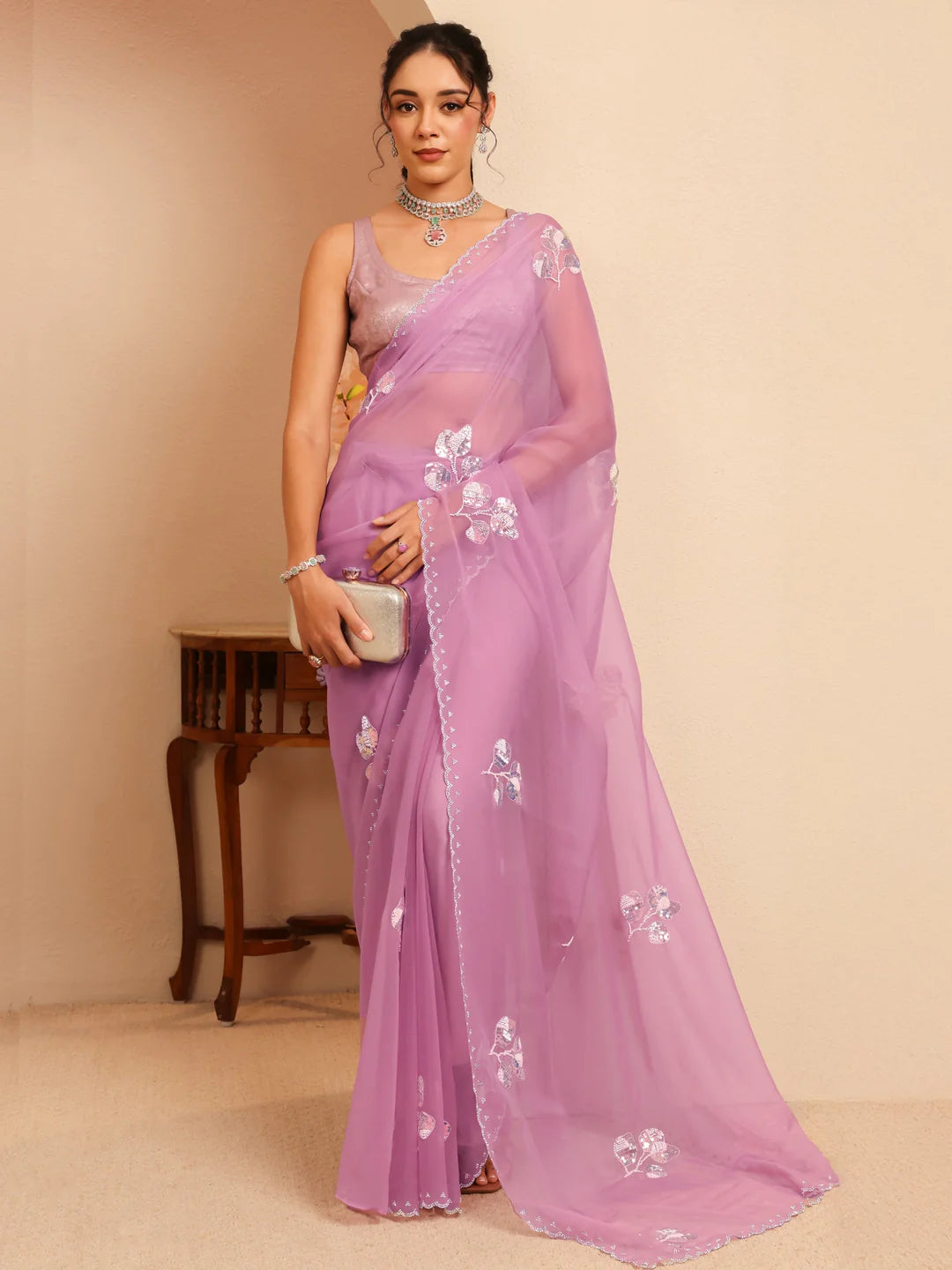 Lavender Floral Embellished Tissue Saree