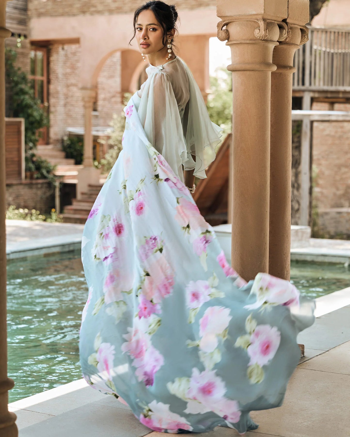 Green and Teal Printed Chiffon Saree