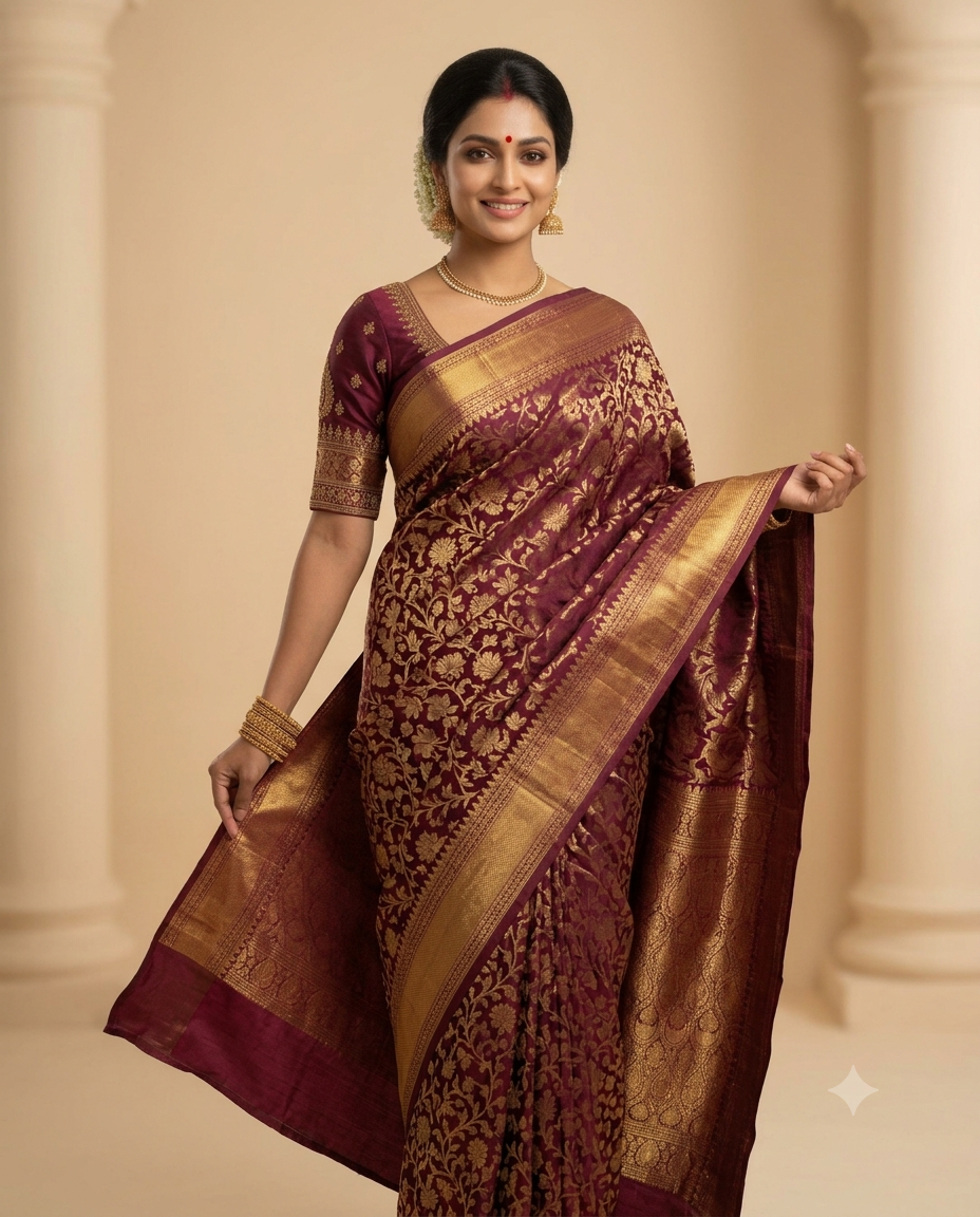 Royal Wine Floral Embroidered Saree
