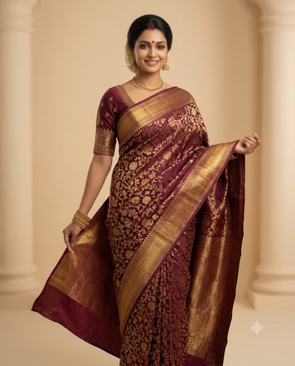 Royal Wine Floral Embroidered Saree
