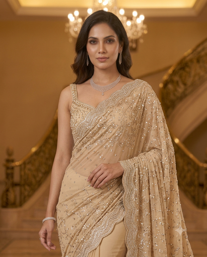 Champagne Luxe Cocktail Party Wear Saree