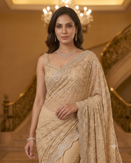 Champagne Luxe Cocktail Party Wear Saree