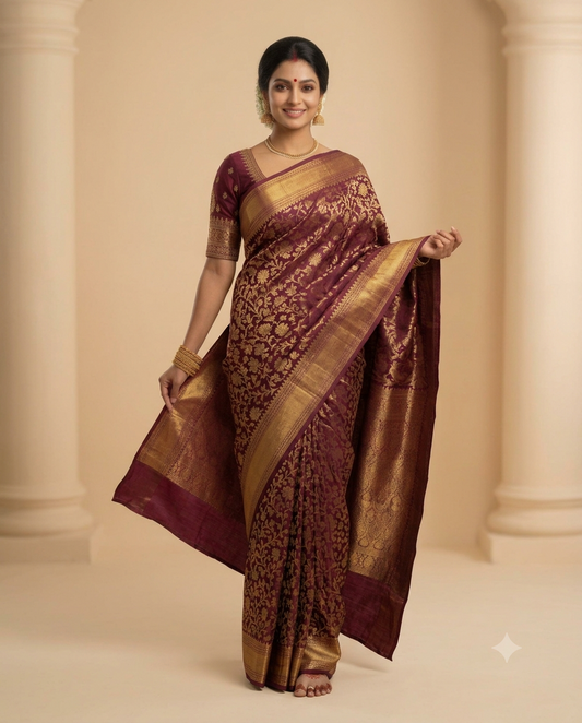 Royal Wine Floral Embroidered Saree