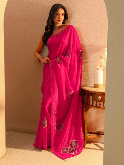 Rani Pink Applique Embellished Satin Saree