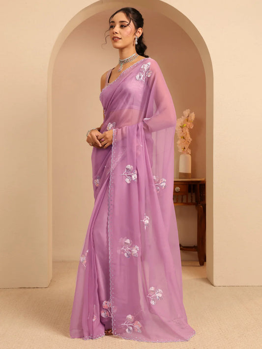 Lavender Floral Embellished Tissue Saree