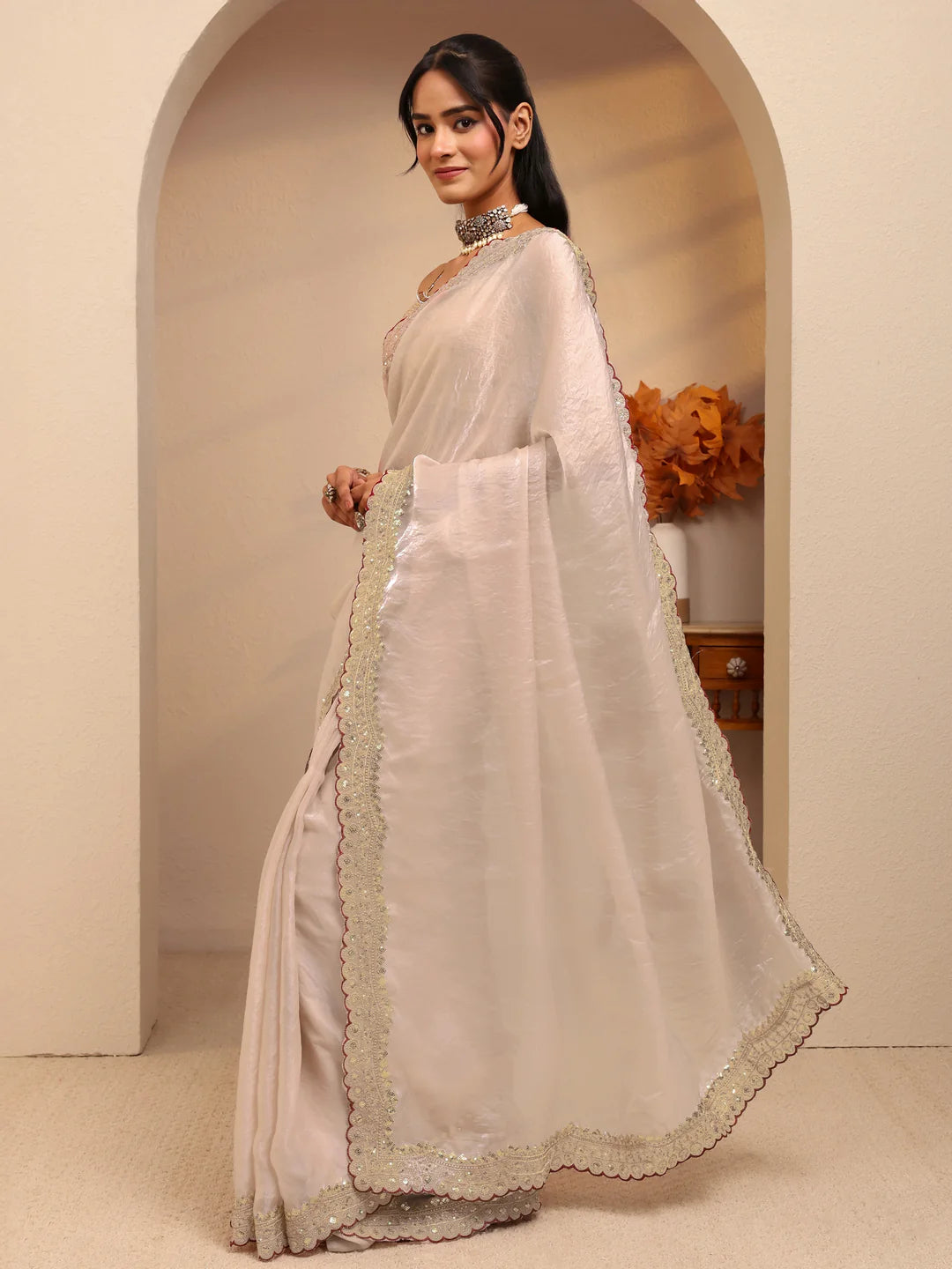 Cream Embellished Tissue Saree