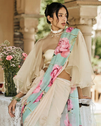 Beige and Blue Printed Chiffon Saree